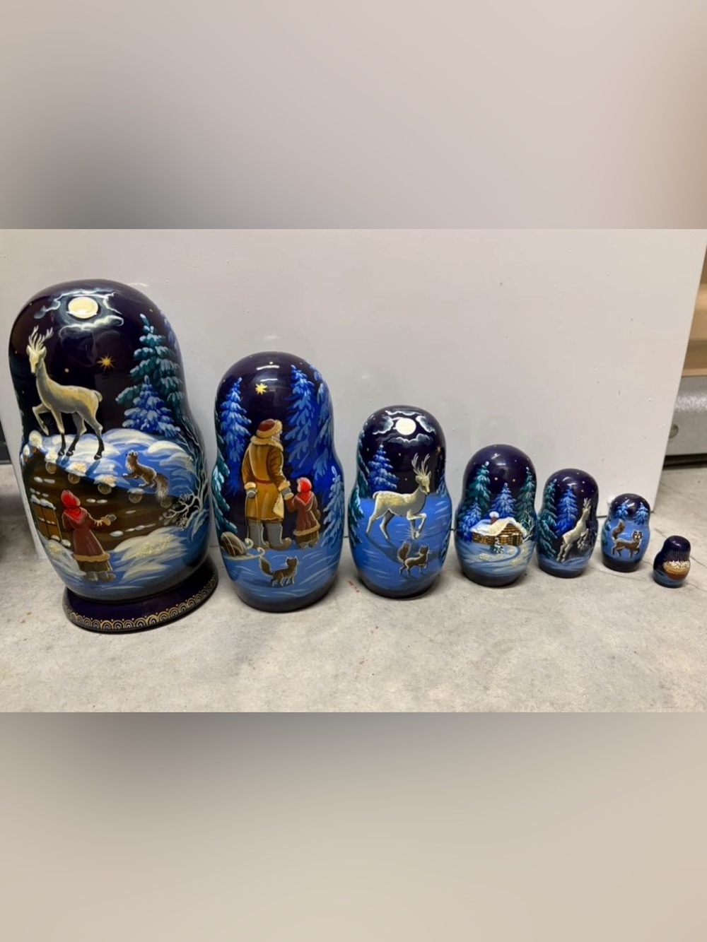 Hand-Painted Russian Nesting Dolls with Winter Scene - Blue